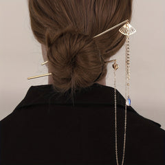 Retro Hair Pin Mini Fan Shape Decor Pendant Double Hairpin Ponytail Holder