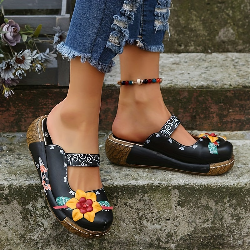 Women's Floral Platform Mules Closed Toe Wedge Slides Sandals