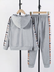 Boy's Stylish Hooded Jacket & Pants Set Zip Up Plaid Patched Outfits