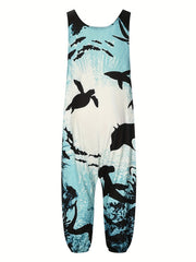  Ocean Fish Print Round Neck Wide Leg Jumpsuit