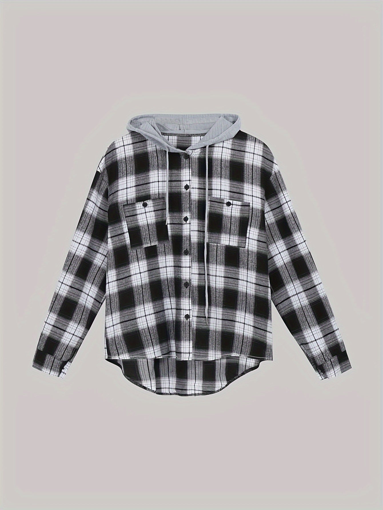  Plaid Print Long Sleeve Hooded Button Up Top