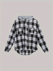  Plaid Print Long Sleeve Hooded Button Up Top