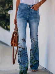  Women's Floral & Denim Print Flared Leg Trousers
