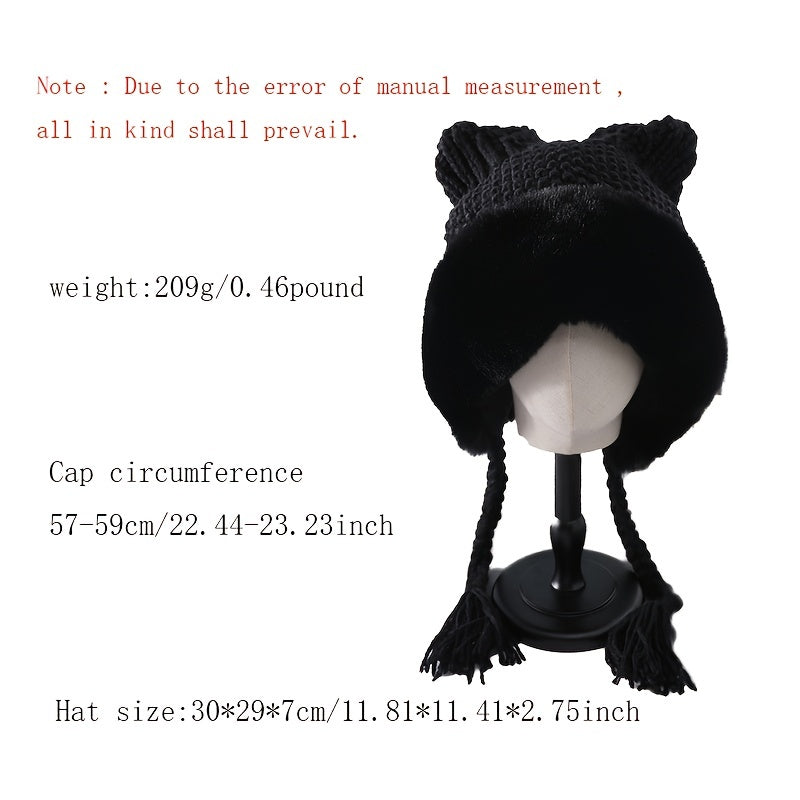 Women's Winter Pom Beanie Hat Fluffy Knit Cat Fox Ear Faux Fur Skull Cap