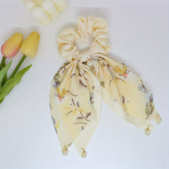 Floral Print Scarf Scrunchies Hair Tie with Faux Pearl Decor