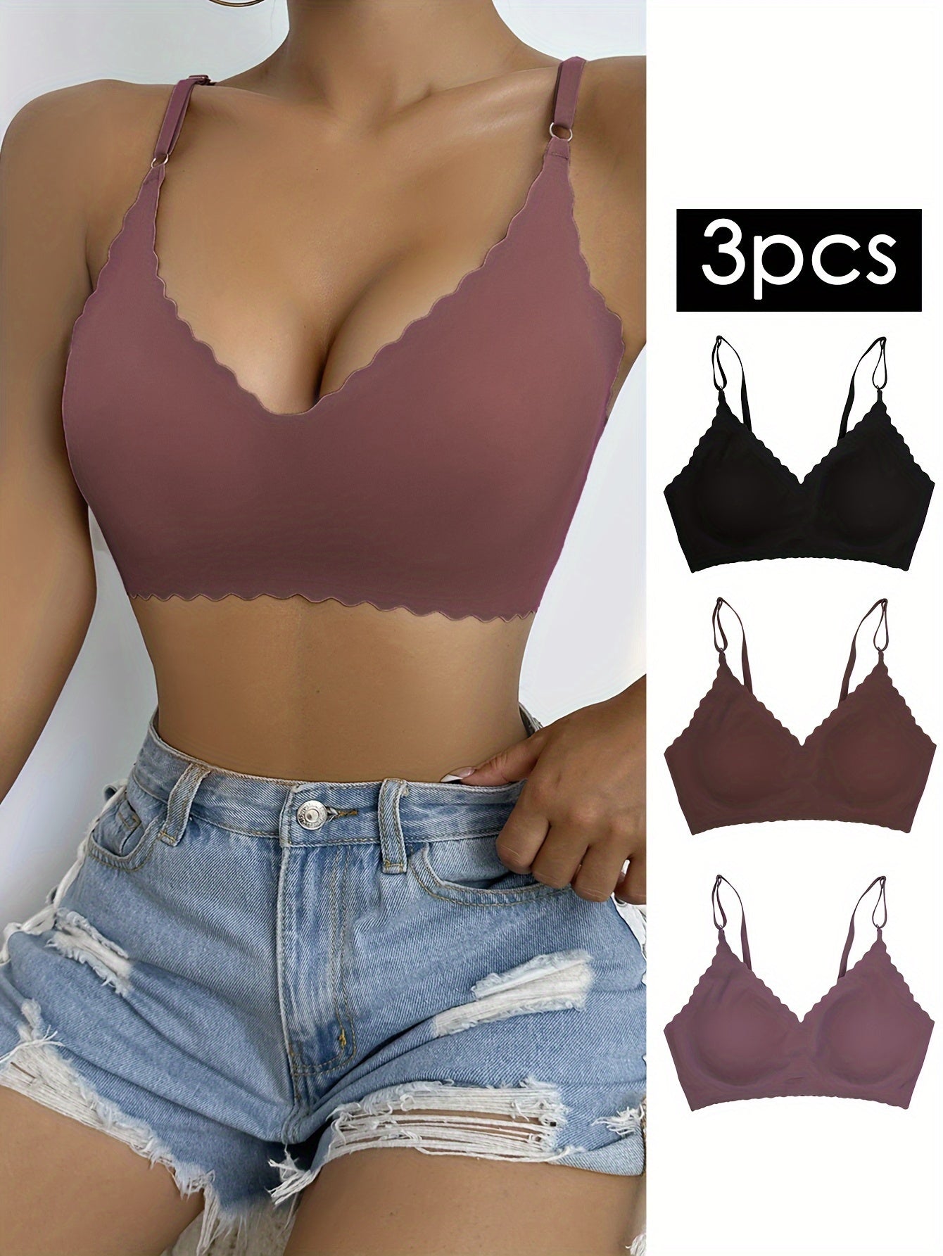 3pcs Wavy Trim Seamless Bralettes Wireless Intimates Bras