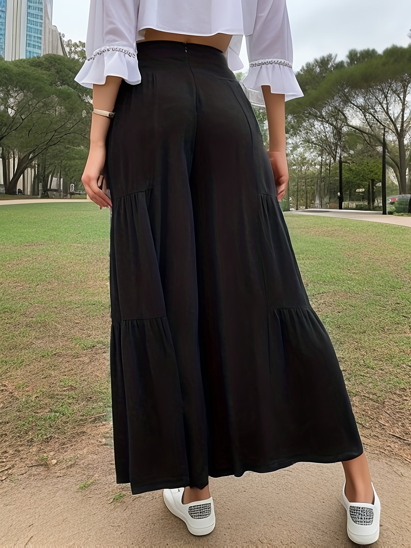  Women's Solid Wide Leg High Rise Ruched Pants