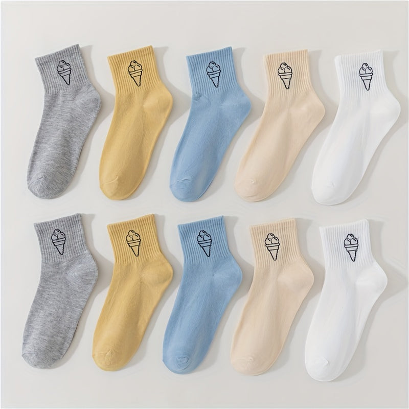 10 Pairs Ice Cream Print Socks Women's Crew Stockings & Hosiery
