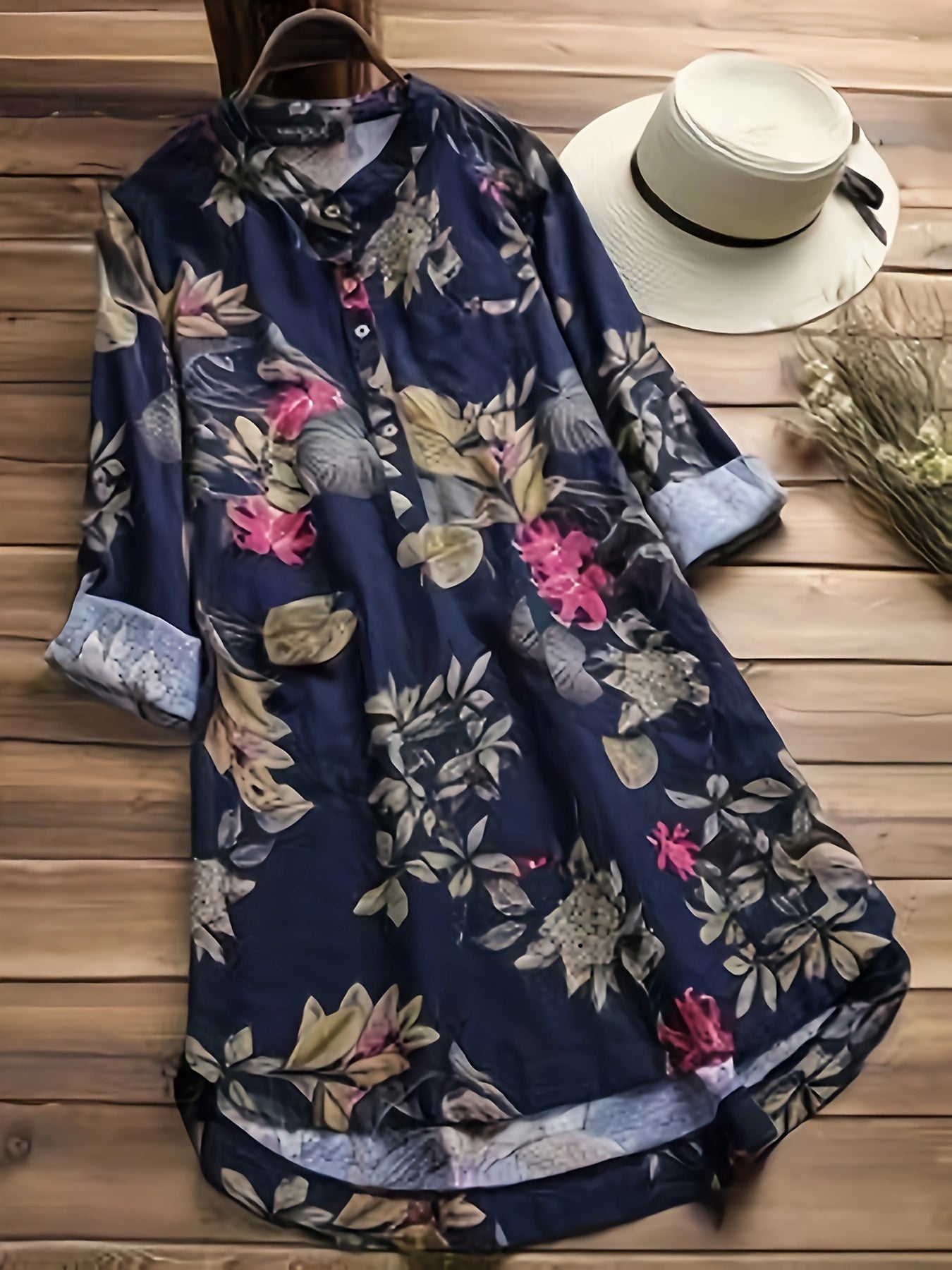  Tropical Print Long Sleeve Button Up Tunic Shirt Top