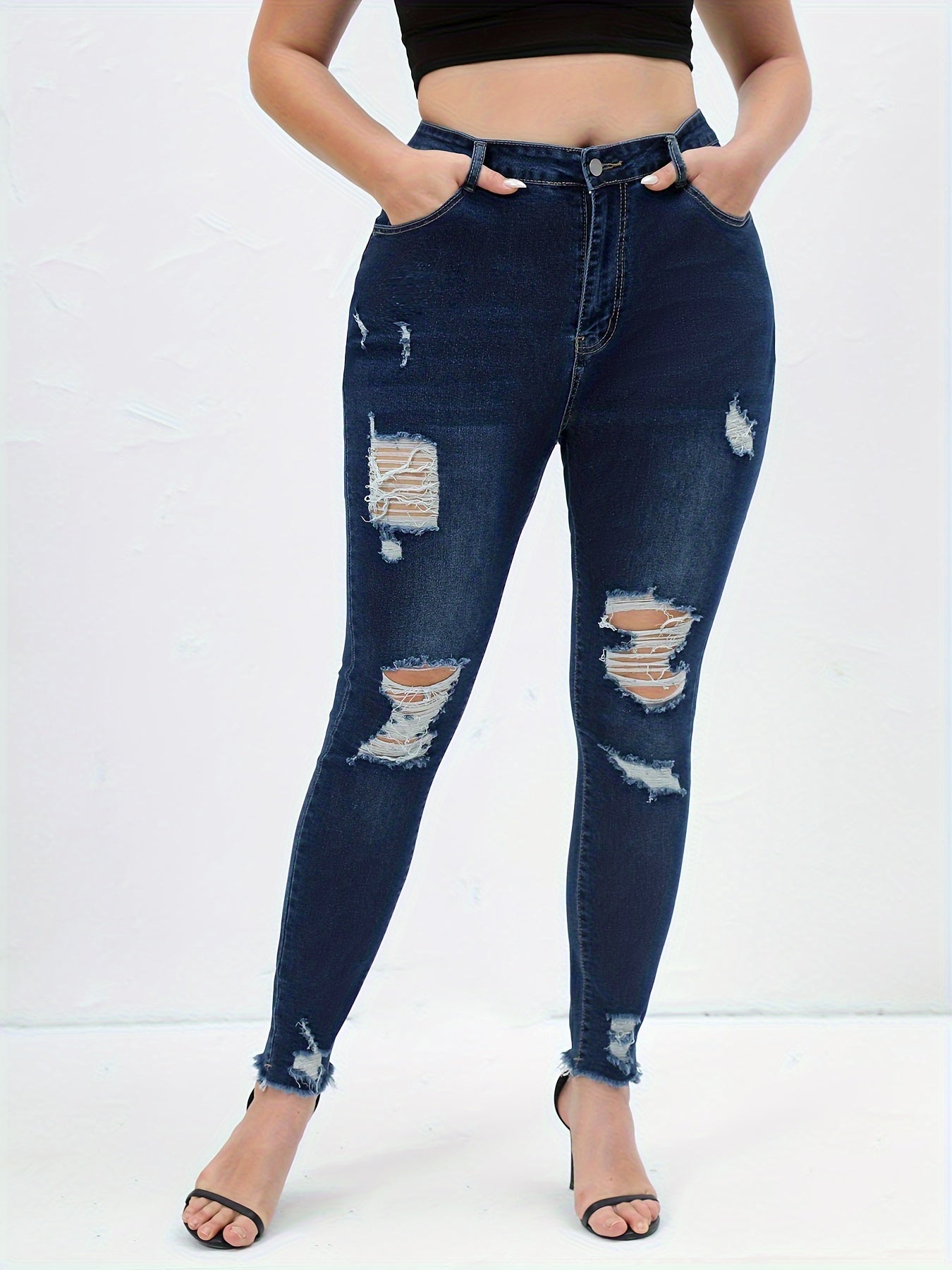  Casual Jeans Women's Plus Solid Ripped Skinny Jeans