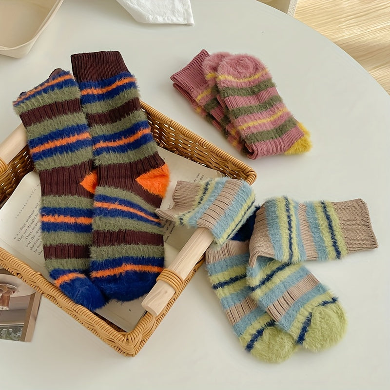 3 Pairs Colorblock Striped Socks - Women's Mid Tube Stockings