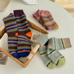 3 Pairs Colorblock Striped Socks - Women's Mid Tube Stockings