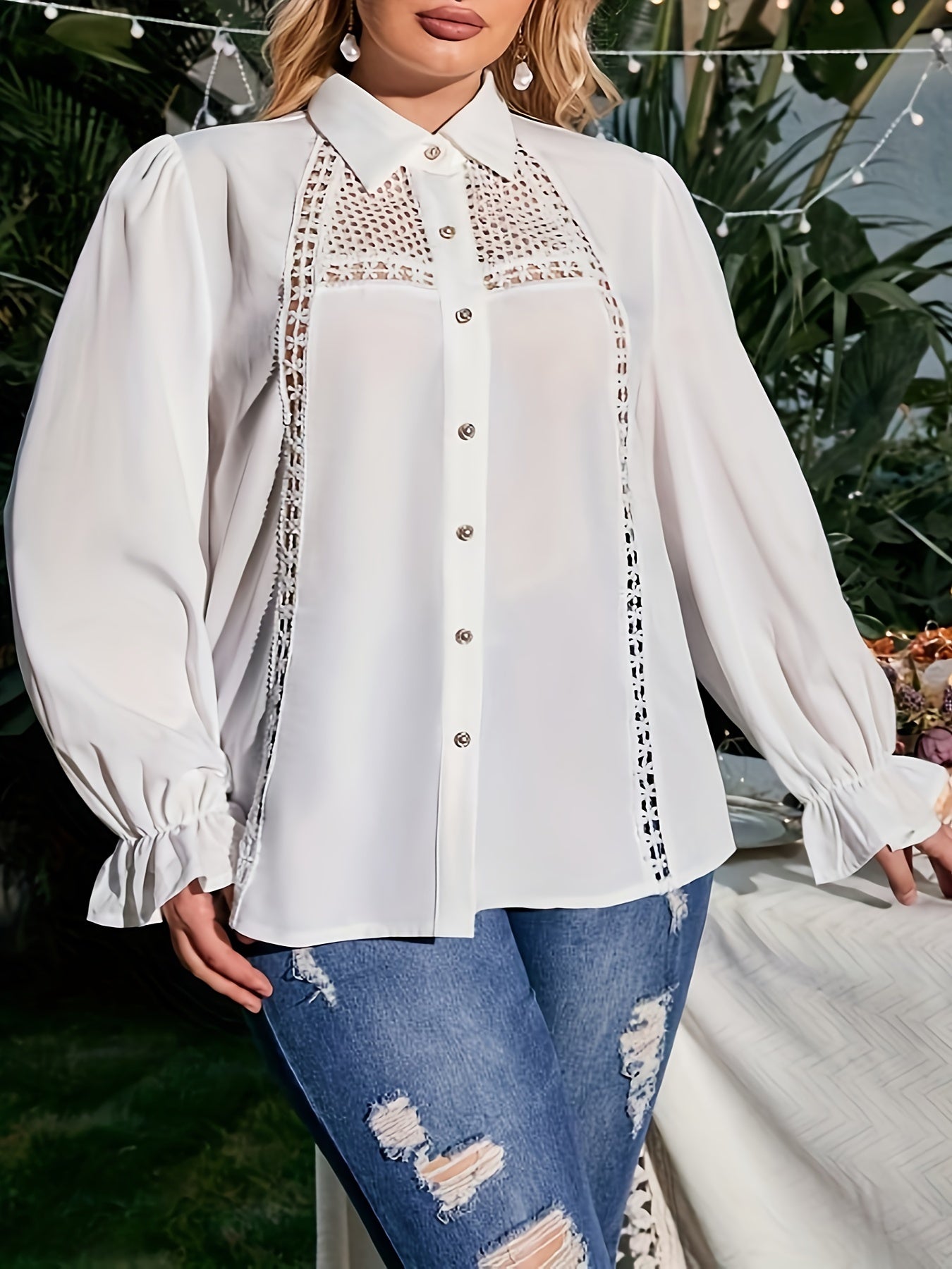  Blouse Women's Plus Solid Lantern Sleeve Button Up Blouse
