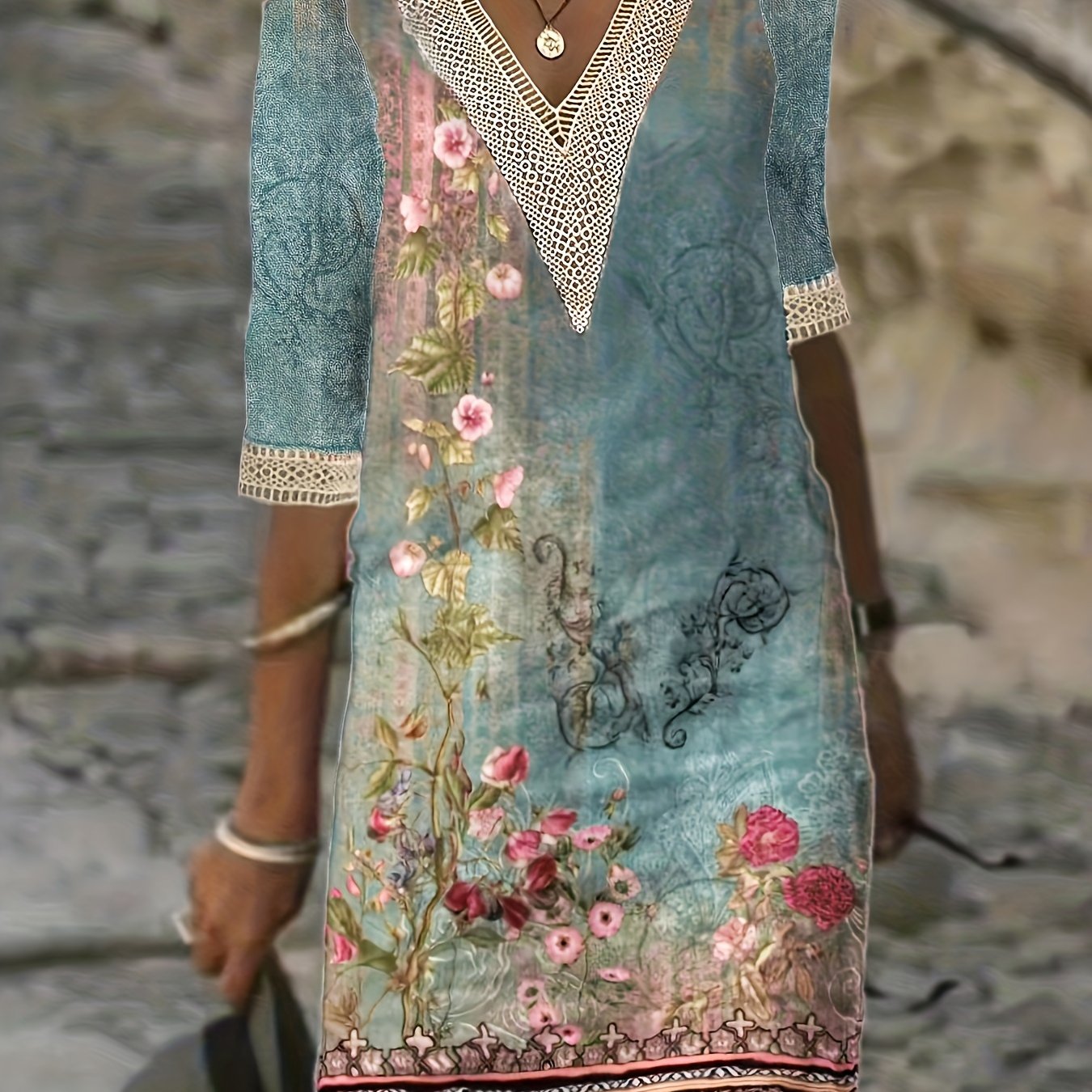  Women's Floral Lace Sleeve V Neck Dress