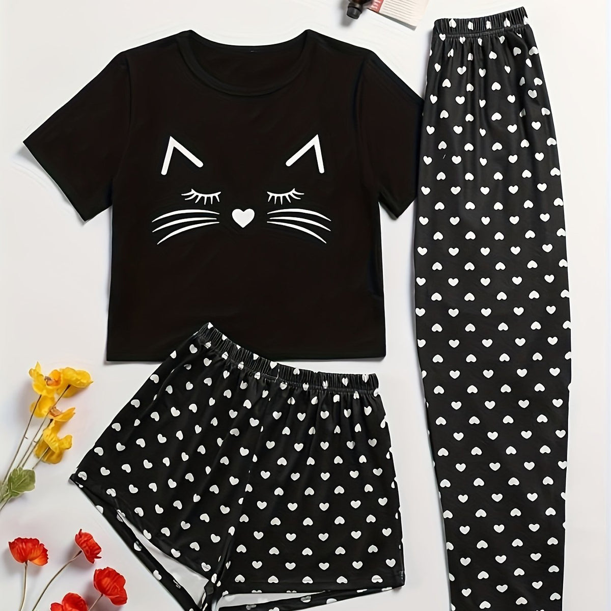 Heart Print Pajama Set Crew Neck Top & Shorts & Pants Women's Sleepwear