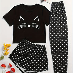 Heart Print Pajama Set Crew Neck Top & Shorts & Pants Women's Sleepwear