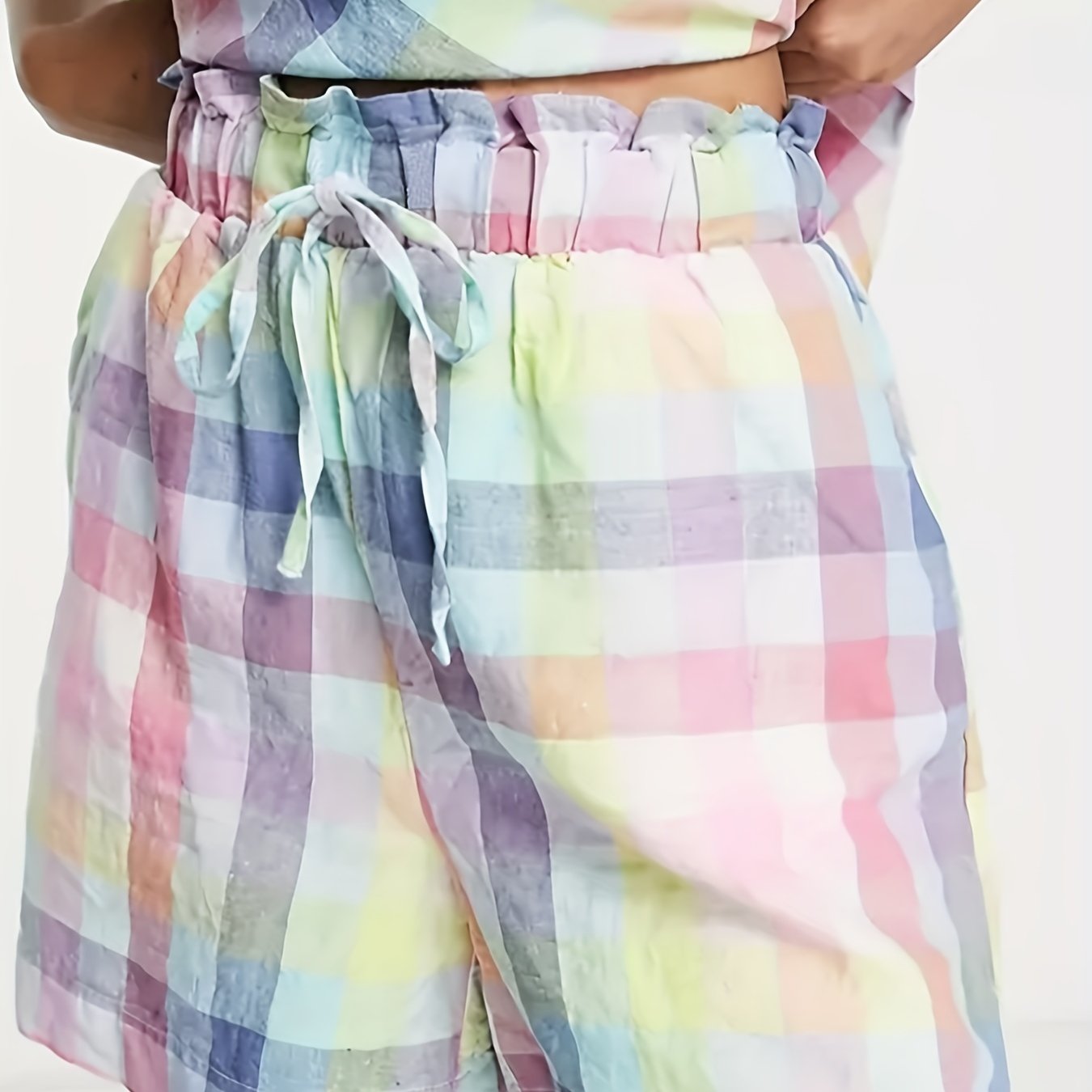 Plaid Ruffle Trim Drawstring Shorts for Women
