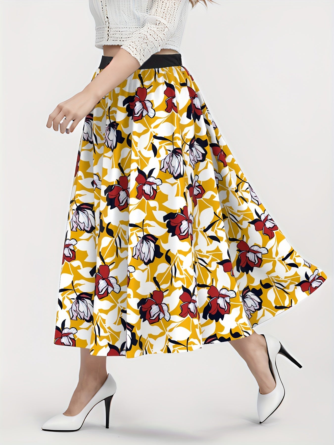  Women's Floral Print High Waist A line Skirt
