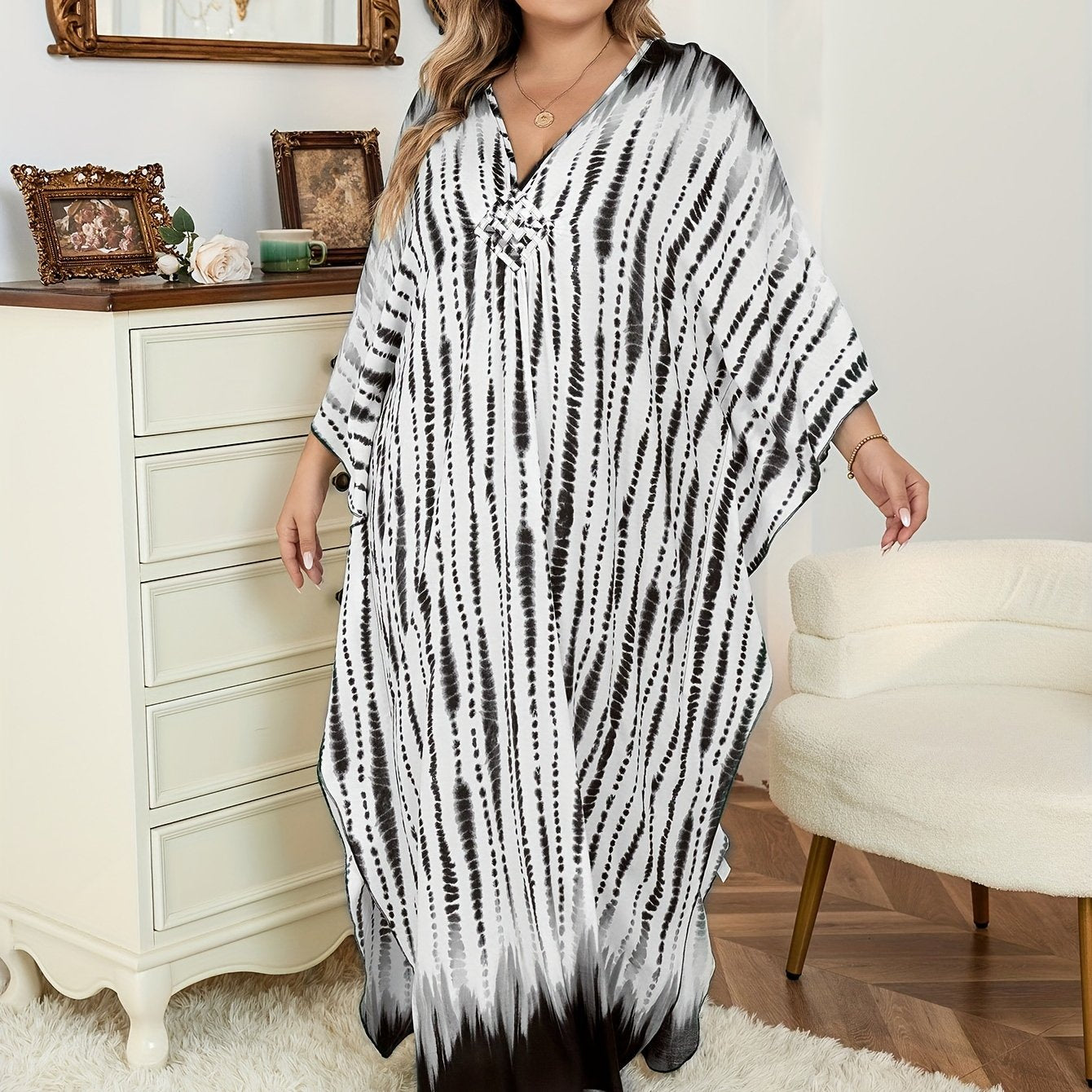  Tie Dye Striped Batwing Sleeve Maxi Cover Up Dress