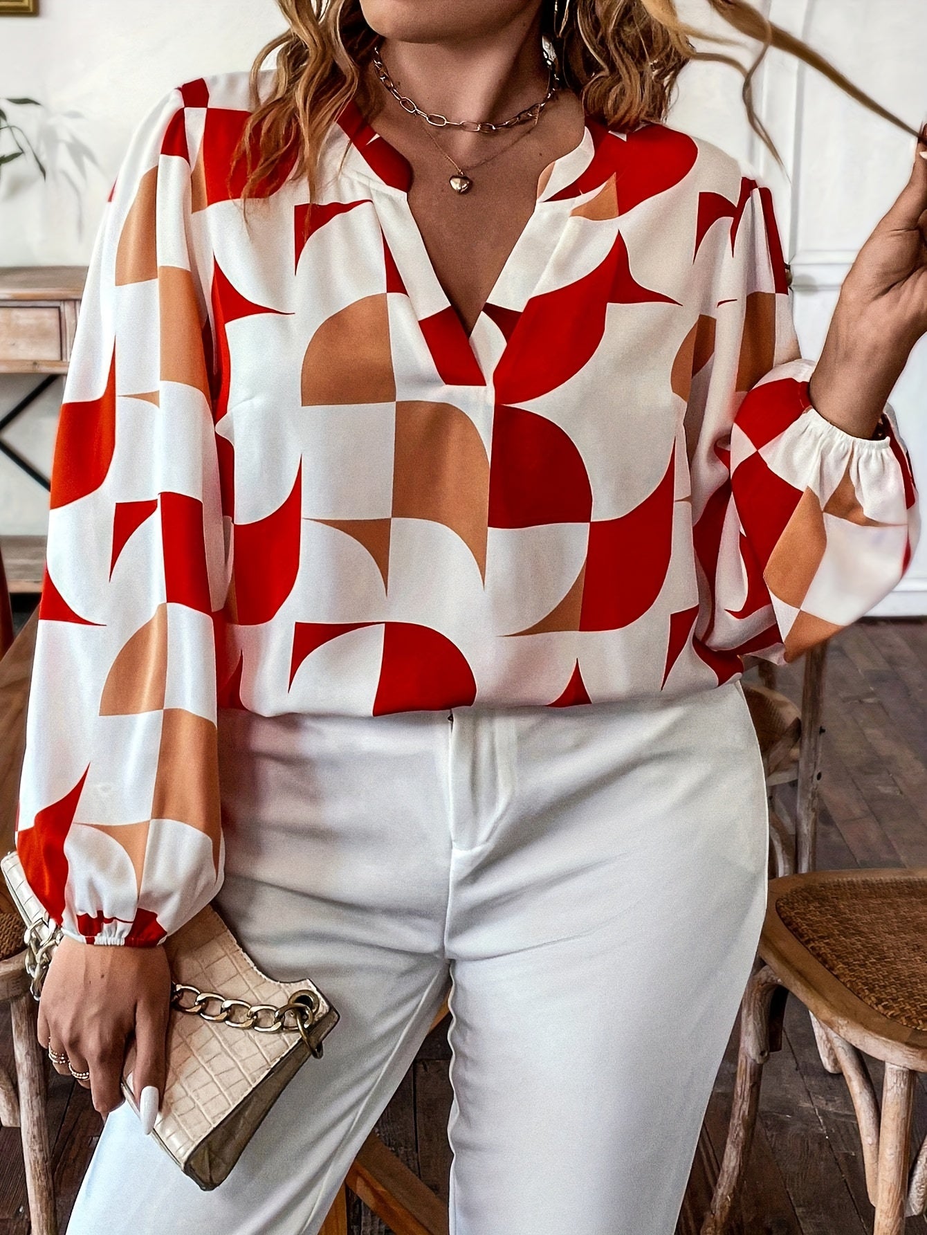  Casual Blouse Women's Plus Colorblock Geometric Print V Neck Blouse