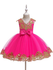 Girls Sequin Embroidery Mesh Princess Dress for Piano Performance Wedding
