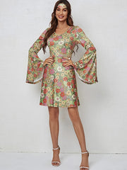  Boho Dress Women's Plus Allover Floral Print Bell Sleeve