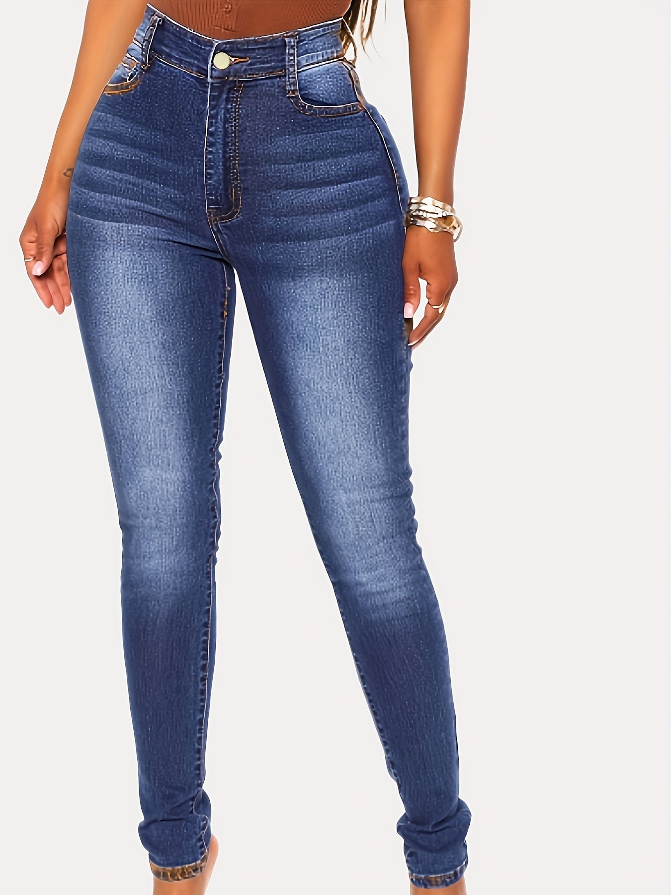 Mid Waist Skinny Jeans Slim Fit Slash Pockets Mid Stretch