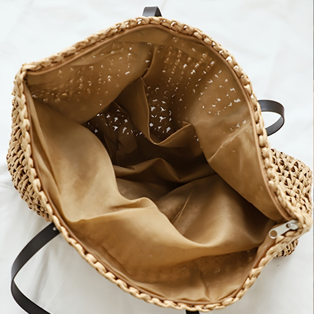 Women's Straw Tote Bag Large Zipper Foldable for Travel