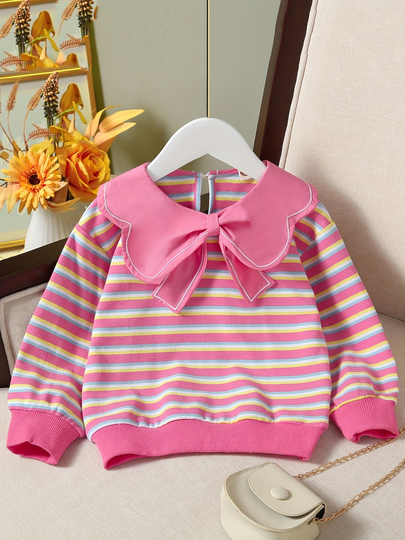 Girls' Striped Graphic Sweatshirt with Sweet Collar