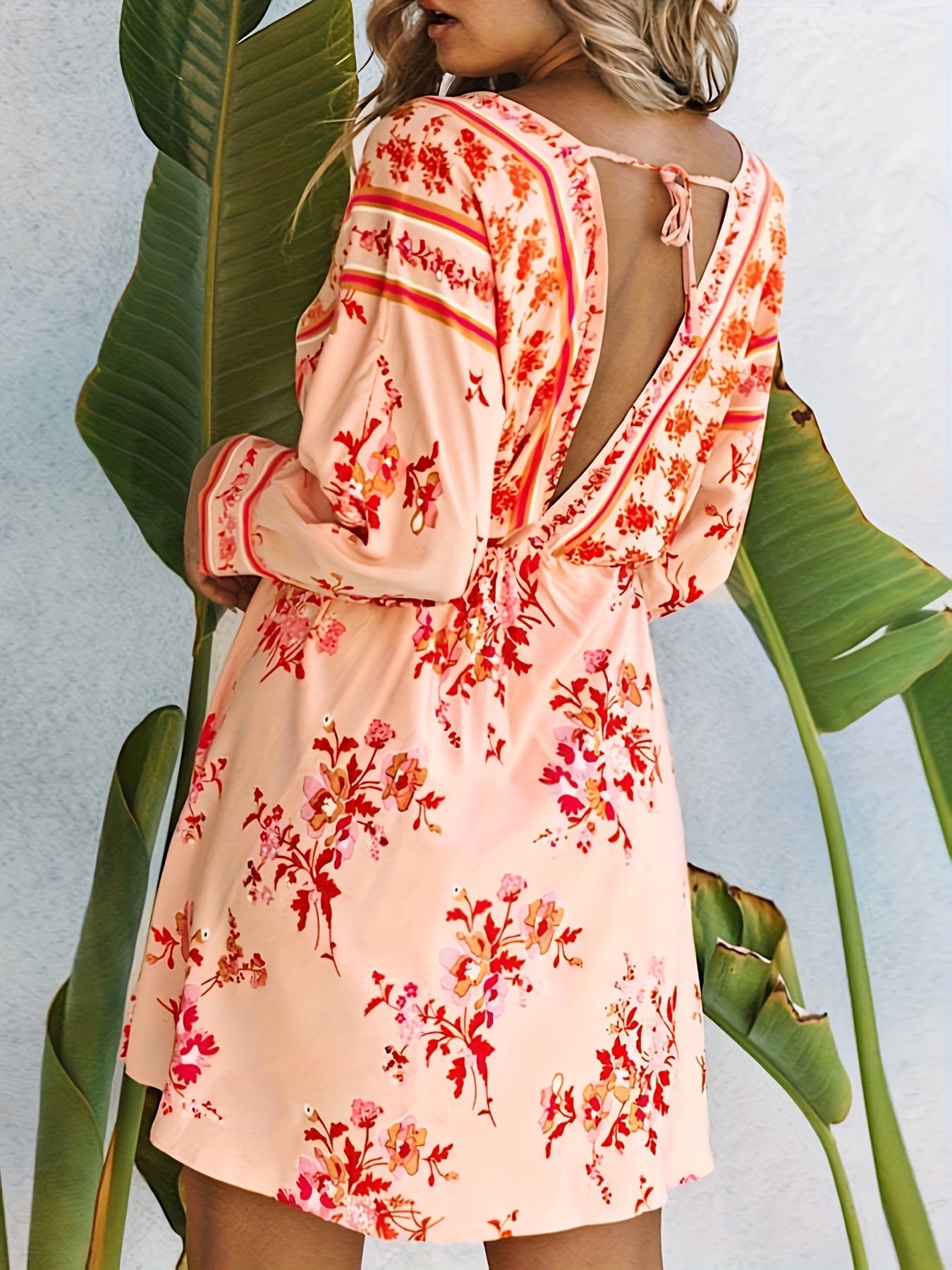 Floral Print Long Sleeve V Neck Drawstring Waist Dress