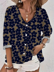  Floral Print Button-Up Long Sleeve Blouse
