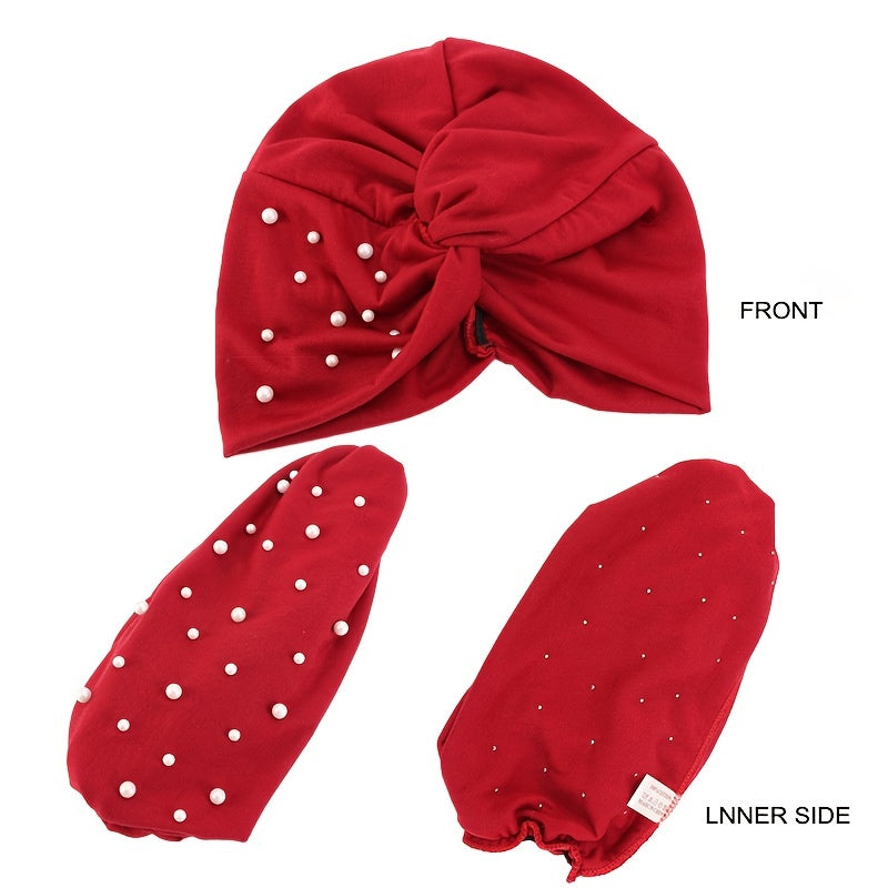 Faux Pearl Decor Turban Cap Solid Pleated Head Wrap