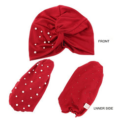 Faux Pearl Decor Turban Cap Solid Pleated Head Wrap