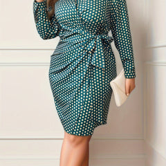  Polka Dot Long Sleeve Belted Dress