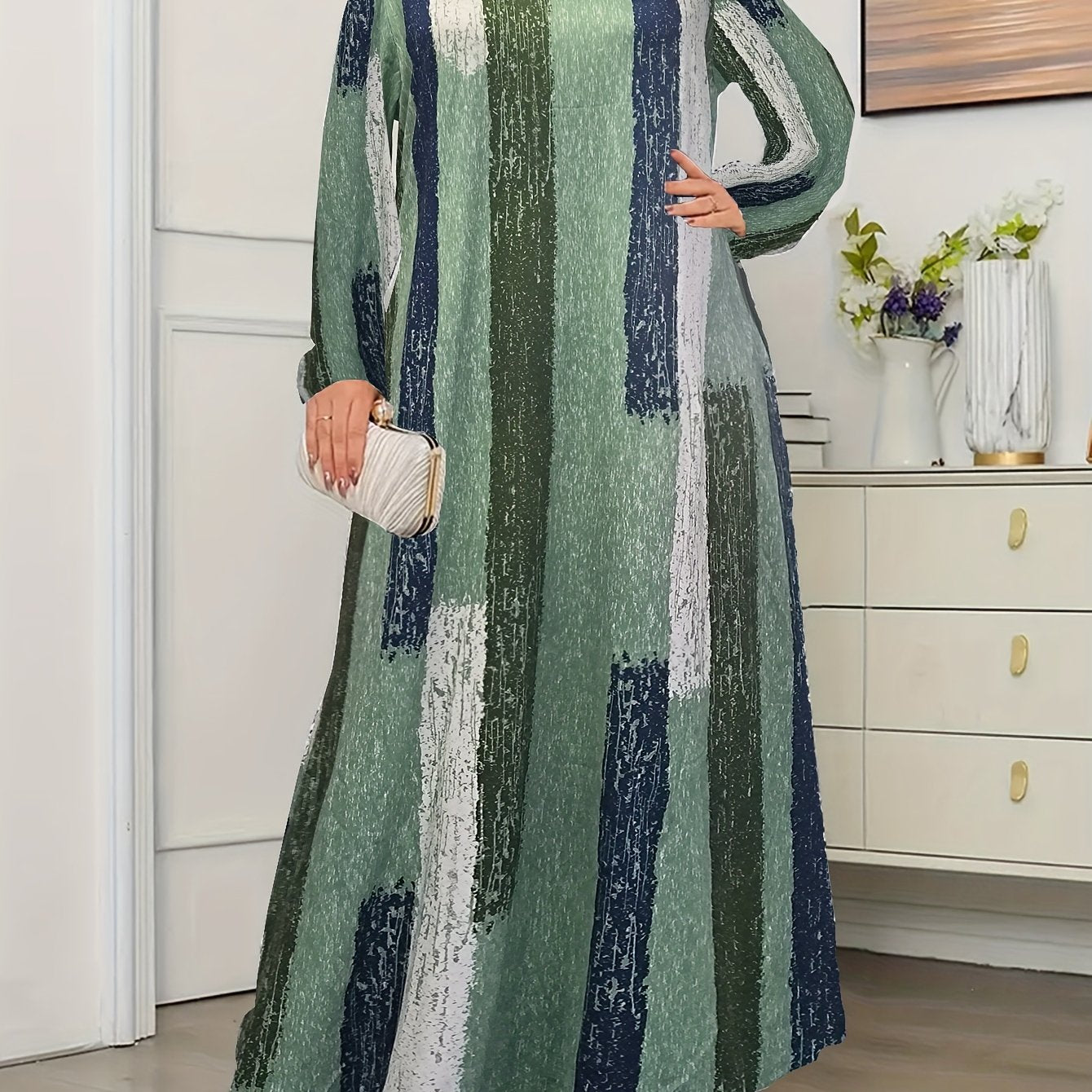  Brush Print Long Sleeve Maxi Dress