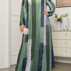  Brush Print Long Sleeve Maxi Dress
