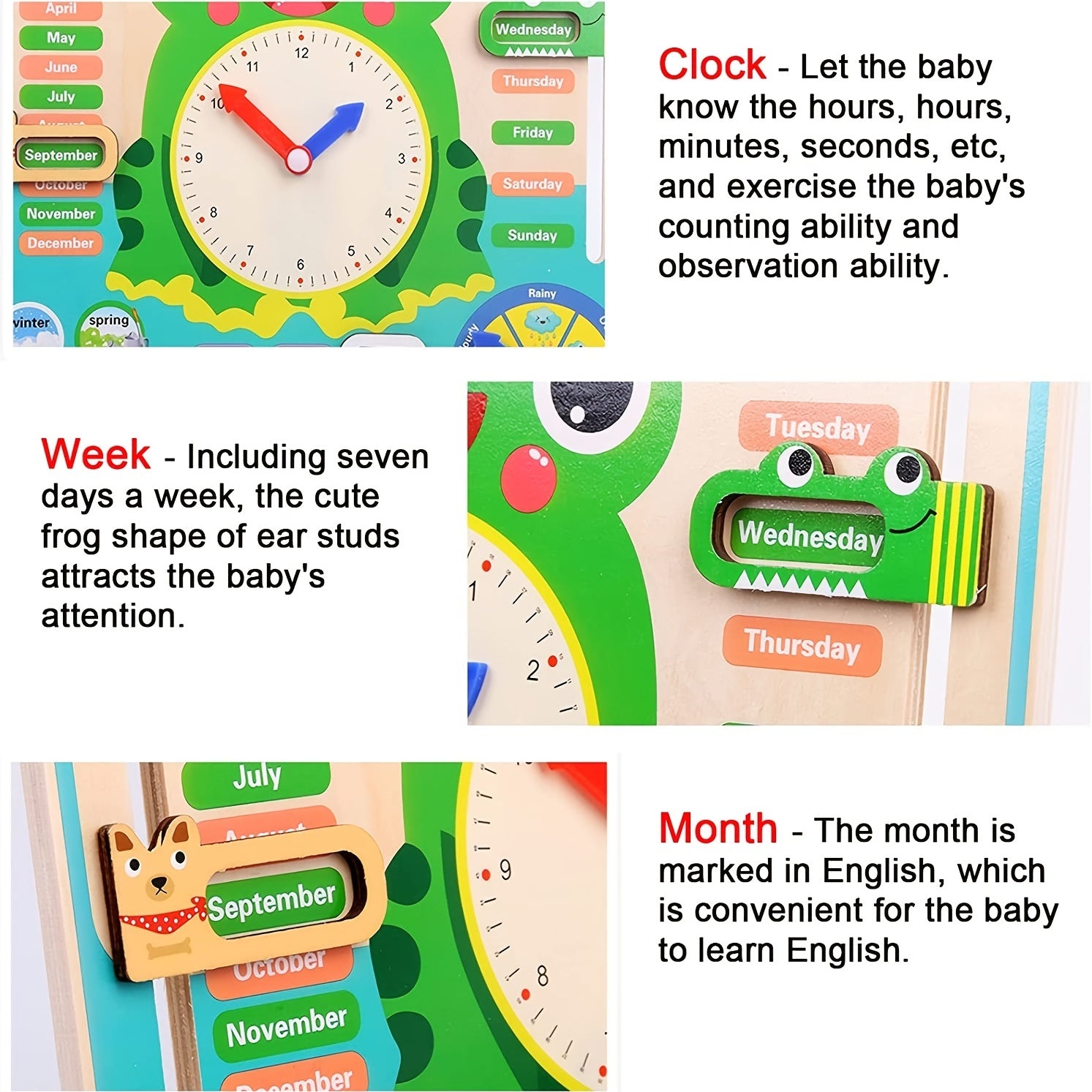 Montessori Wooden Toys Educational Clock for Kids Time Weather Seasons