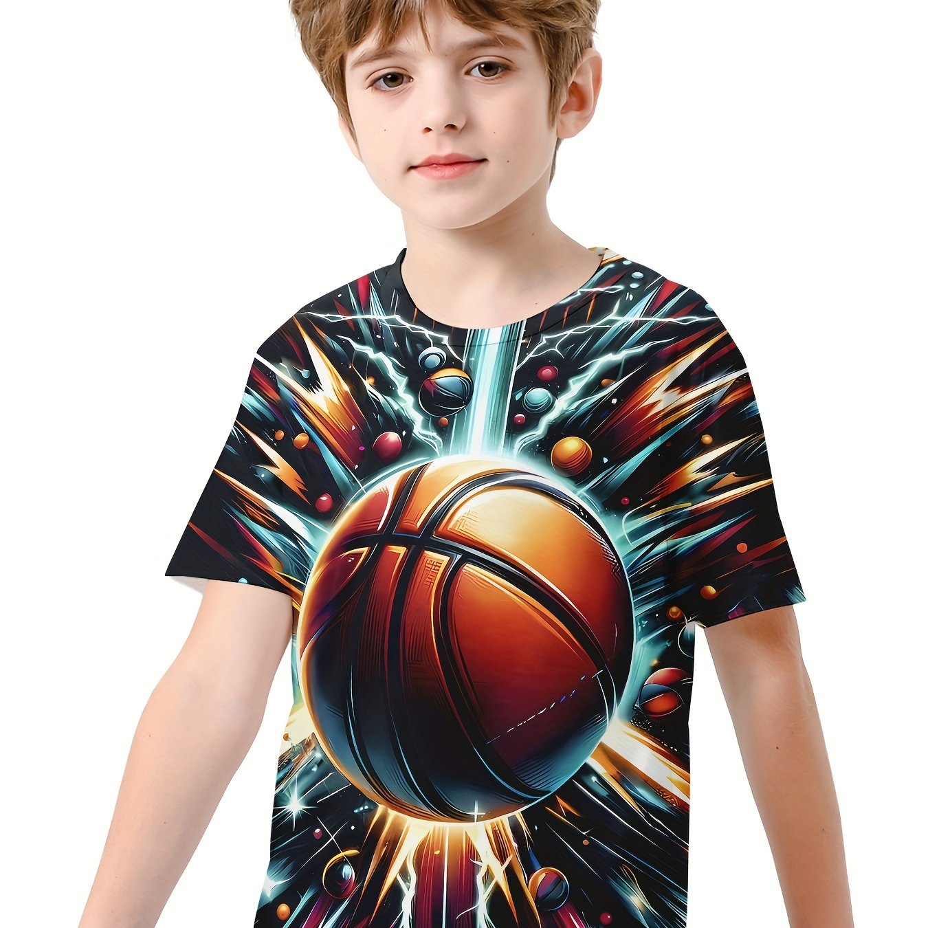 Boy's Basketball Print Casual Tee Short Sleeve Crew Neck T-shirt