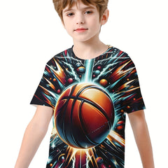 Boy's Basketball Print Casual Tee Short Sleeve Crew Neck T-shirt