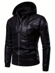 Men's PU Hooded Biker Jacket Zip Up Faux Leather
