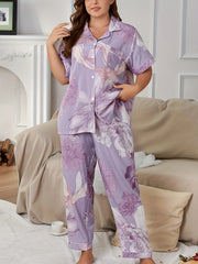Floral Print Pajama Set Short Sleeve Button Up Shirt & Pants Lounge S