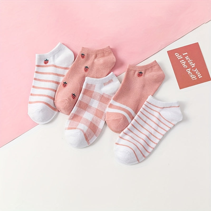 5 Pairs Cat Print Short Socks Breathable Ankle Stockings