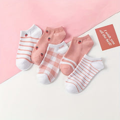 5 Pairs Cat Print Short Socks Breathable Ankle Stockings