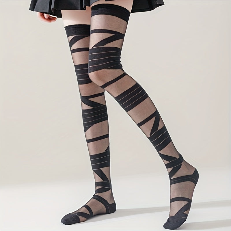 Striped Thigh High Stockings Smooth Mesh Over The Knee Socks Women's Stockings