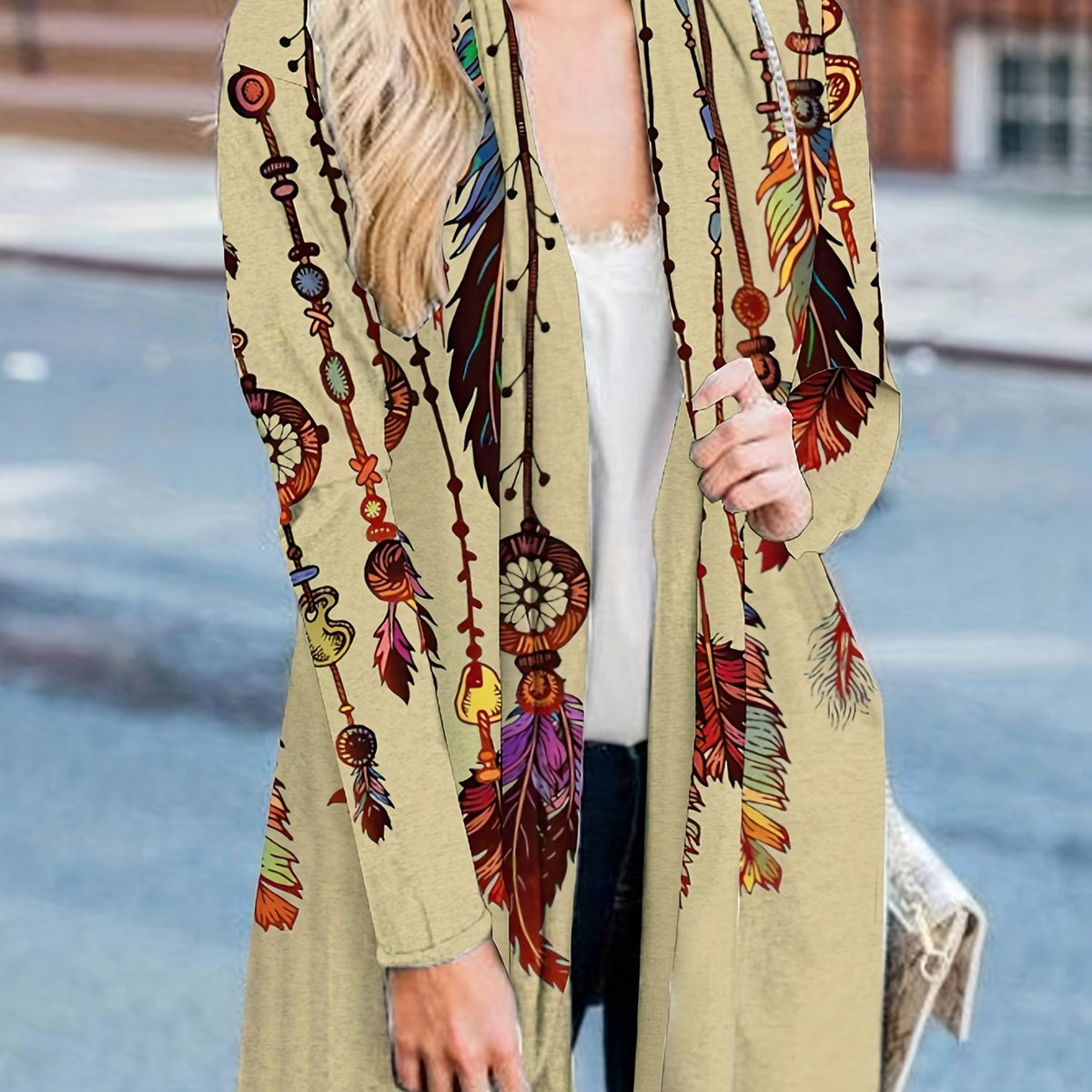 Boho Feather Print Plus Size Cardigan