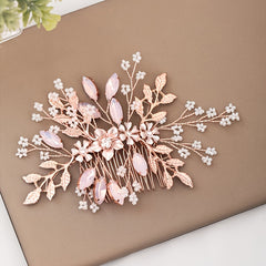 Rose Gold Hair Comb Crystal Floral Leaf Bridal Wedding Headpiece