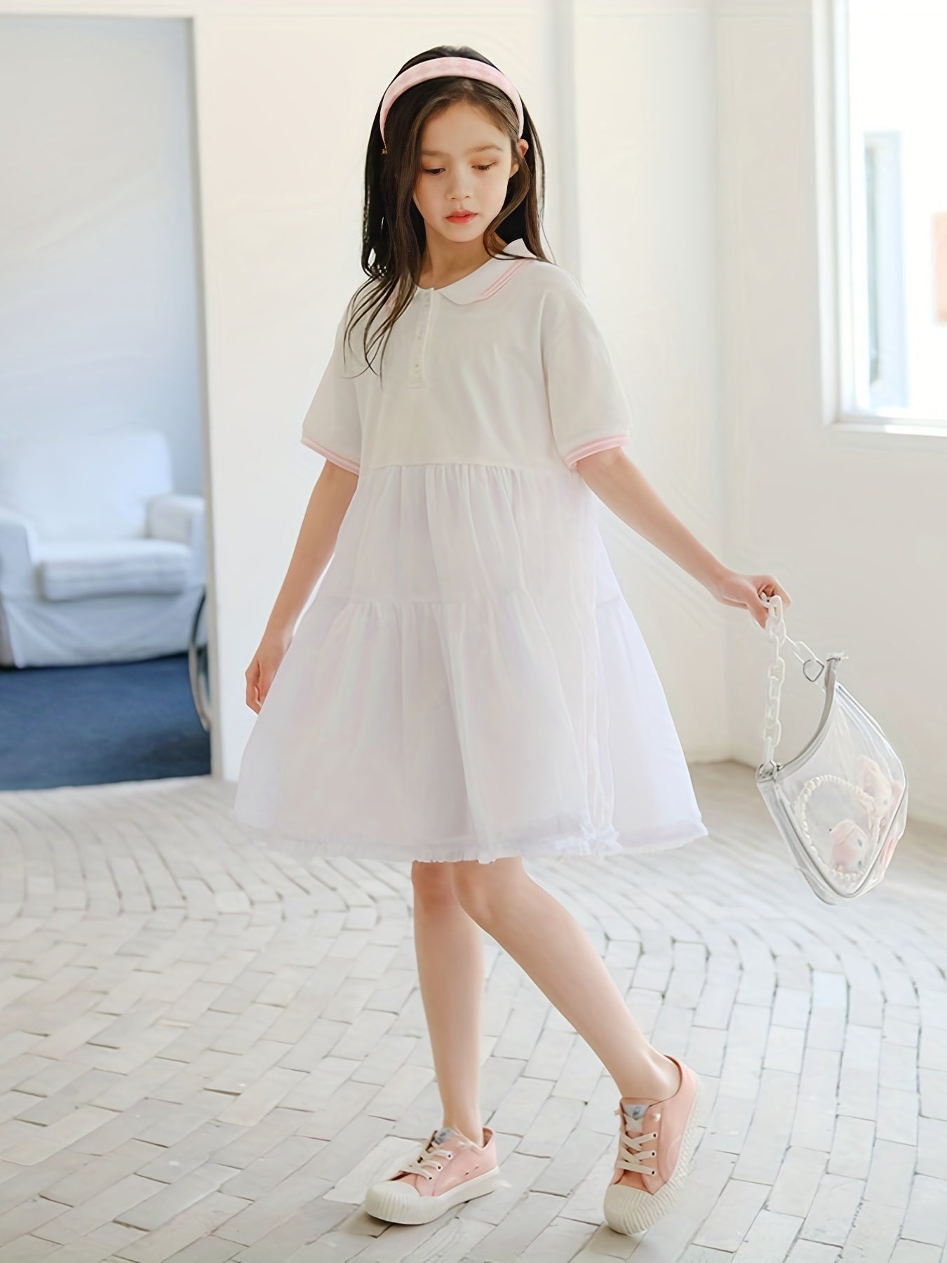Girls' Cotton Polo Dress Short Sleeve Button Up Casual One Piece