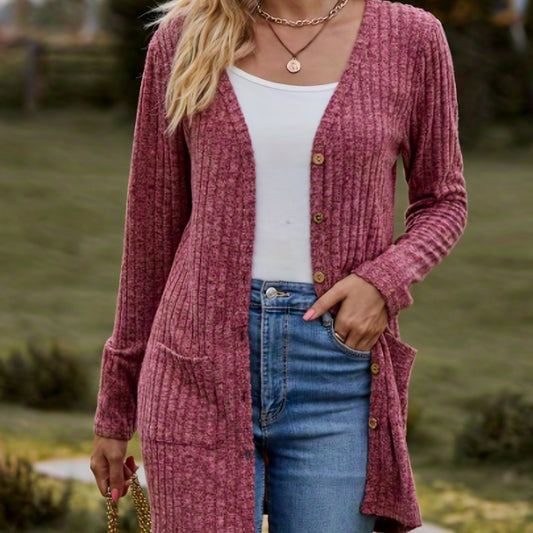  Ribbed Knit Button-Up Cardigan with Pockets