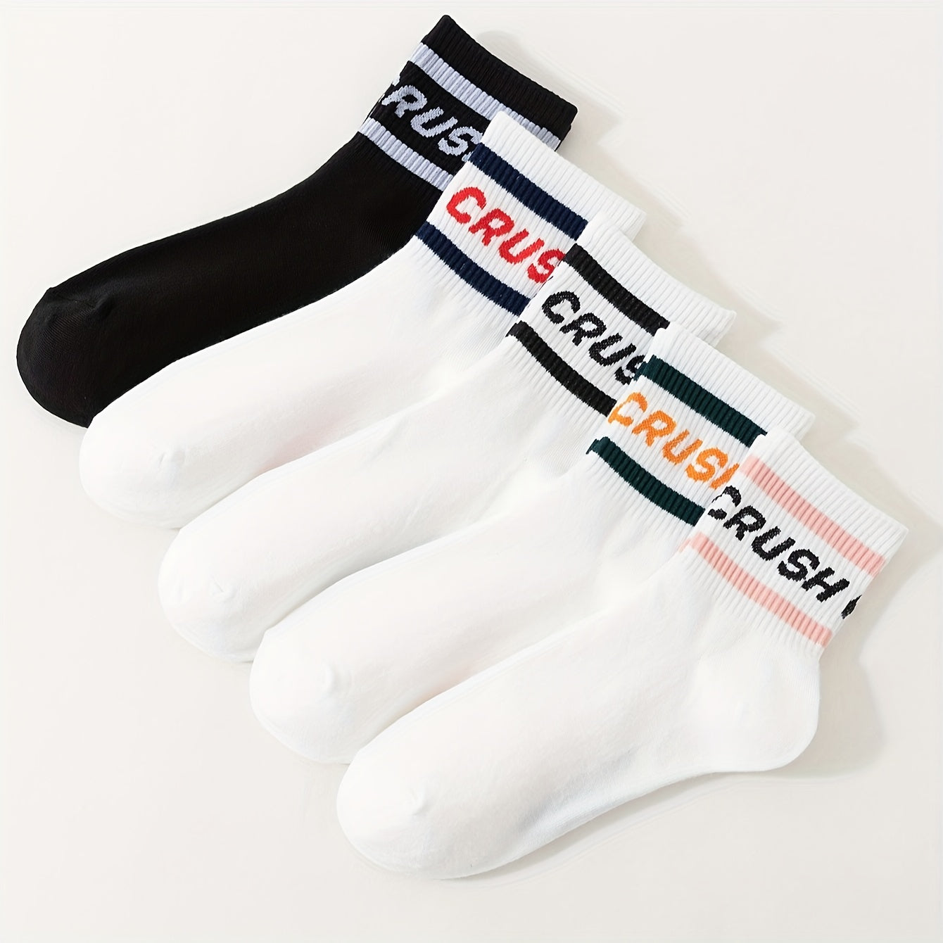 5 Pairs Plus Size Casual Crew Socks Set Women's Plus Striped & Letter Graphic