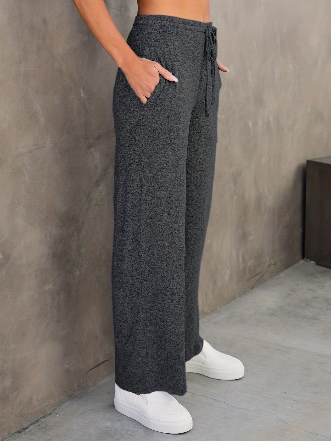  Solid Drawstring Loose Straight Leg Pants